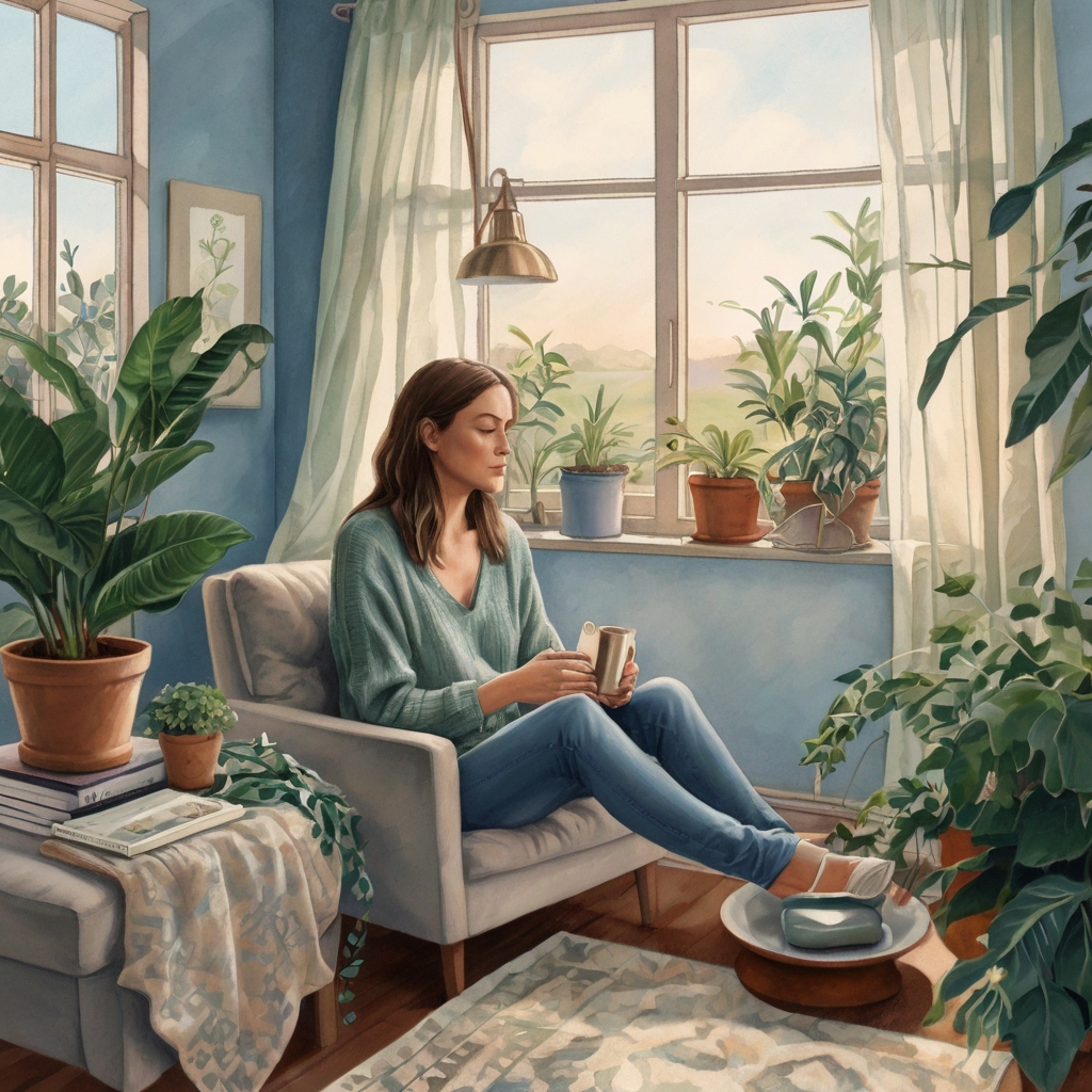 Pessoa sentada em um ambiente calmo e iluminado, com expressão serena, rodeada por elementos que simbolizam ansiedade e tranquilidade, como plantas e luz suave.