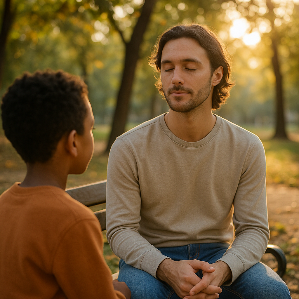 Homem jovem sentado em um banco de praça ao pôr do sol, com expressão serena, conversando com uma criança em um ambiente de natureza urbana, simbolizando empatia e escuta ativa.